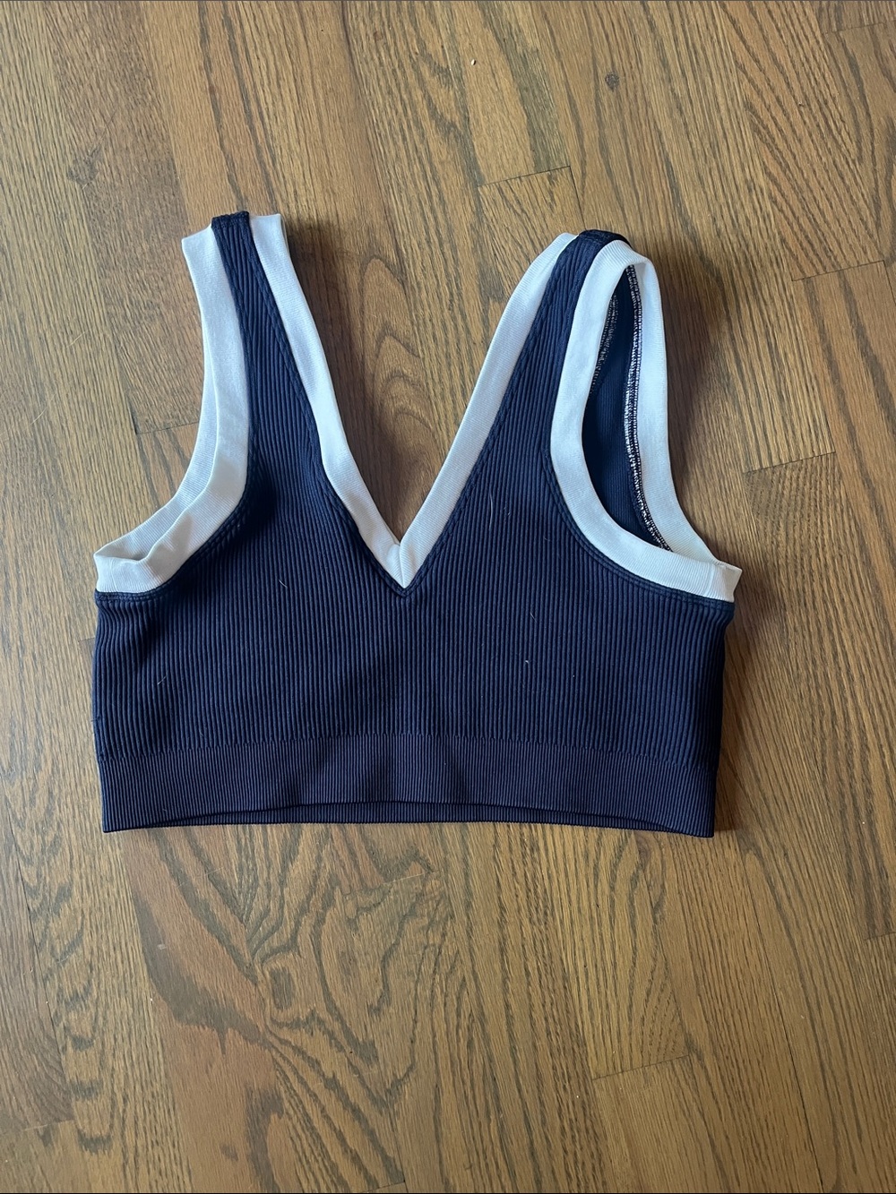 Aerie Ribbed V-Neck Sport Bralette in Navy with White Trim